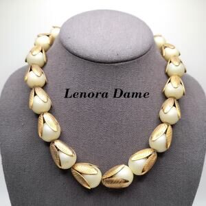Lenora Dame Faux Pearl Necklace, Gold Tone Leaf Caps, Vintage Jewelry